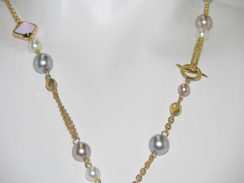 Halskette Platin und Gold mit Perlen u. Kristallen